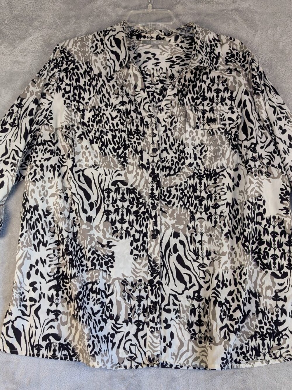 NY Collection Women's Size Plus 2X Black Print Top Button Up With Collar Career